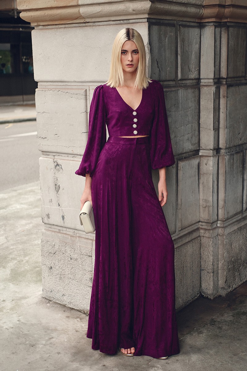 Pantalon falda de jacquard brocado morado para invitada evento, boda, graduación, fiesta, mamá de comunion, bautizo, shop online, compra online