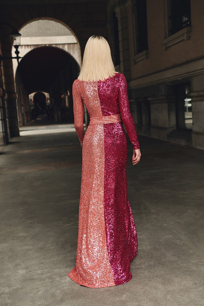 Vestido de fiesta pailletes bicolor frambuesa y melocoton para invitadas a boda, evento, fiesta, gala, online