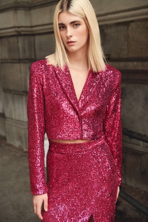 comprar chaqueta corta de invitada de fiesta de lentejuela rosa fuscia para boda, evento, gala