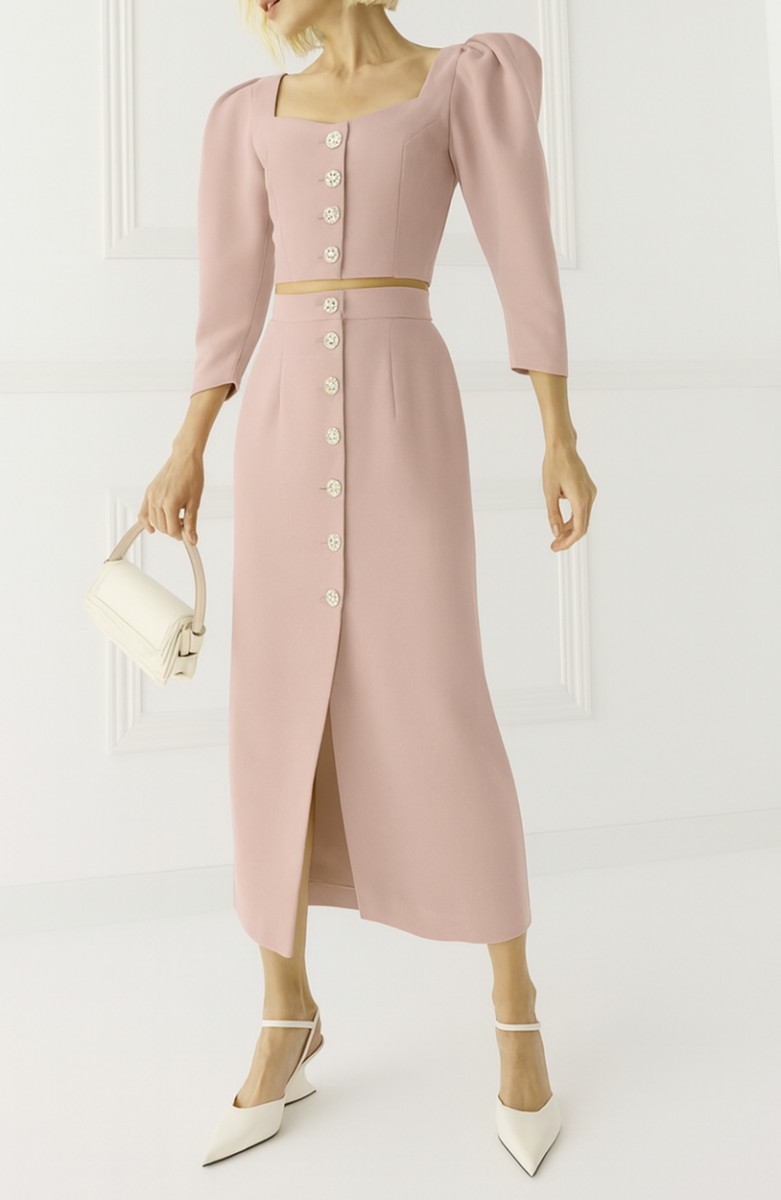 conjunto de top manga jamón en tejido crepe rosa empolvado para invitada fiesta, boda, evento, mamá de comunion comprar online