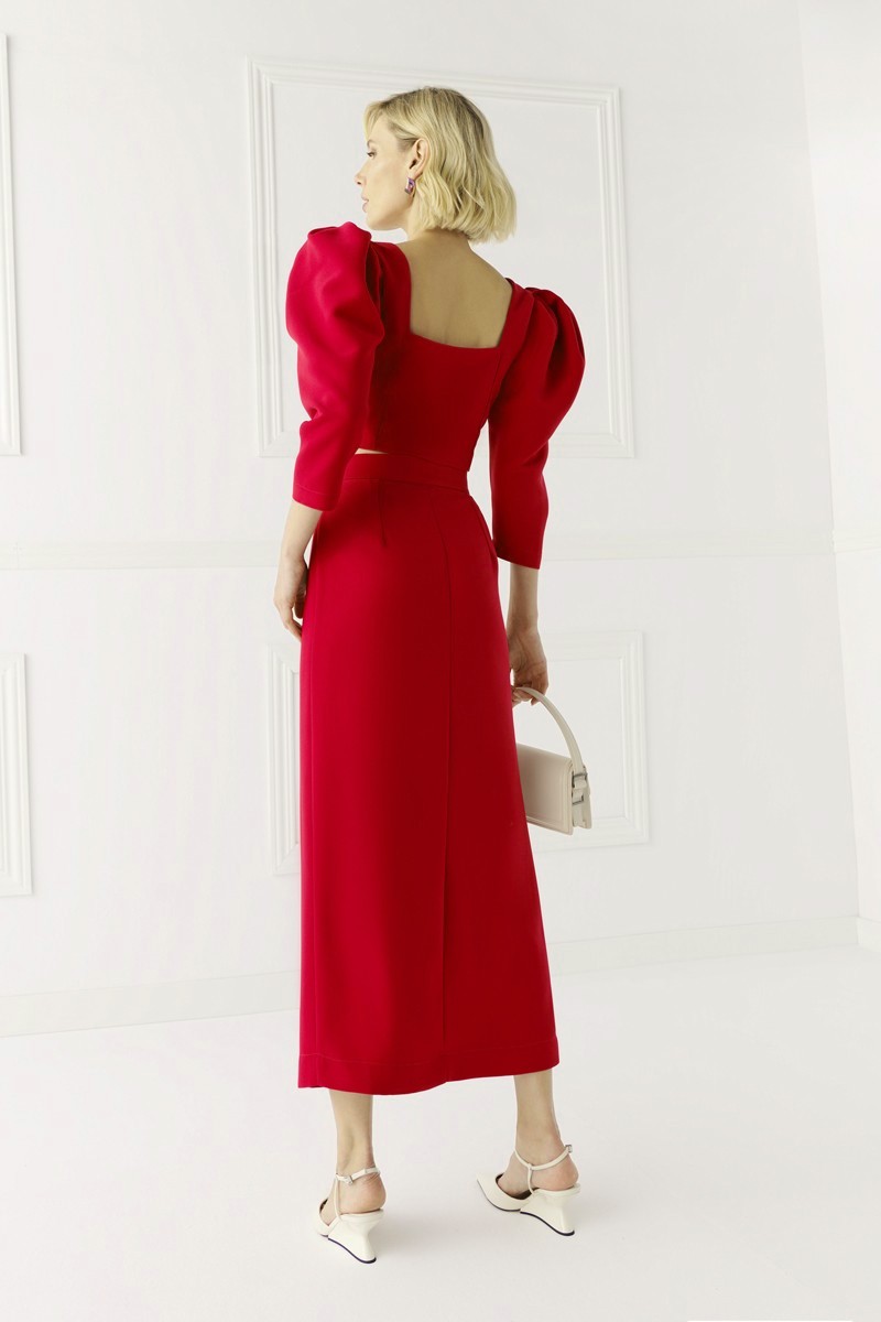 top manga jamón en tejido crepe rojo con falda para invitada fiesta, boda, evento, mamá de comunion comprar online