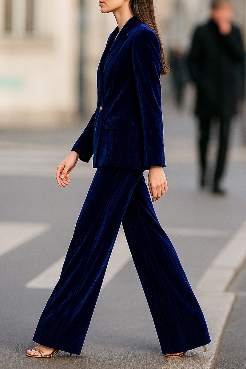 comprar traje de terciopelo azul oversize de chaqueta y pantalon para invitada boda evento de trabajo, shoponline