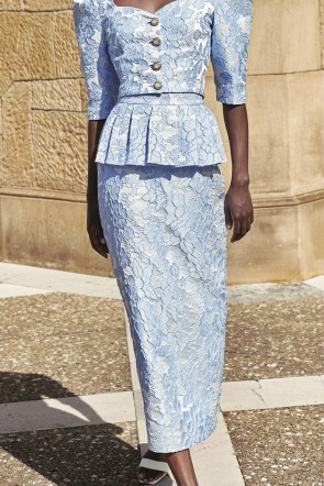 comprar online Falda de fiesta en jacquard brocado azul claro con  peplum para invitadas a boda de dia, noche, bautizo, mamá de comunion