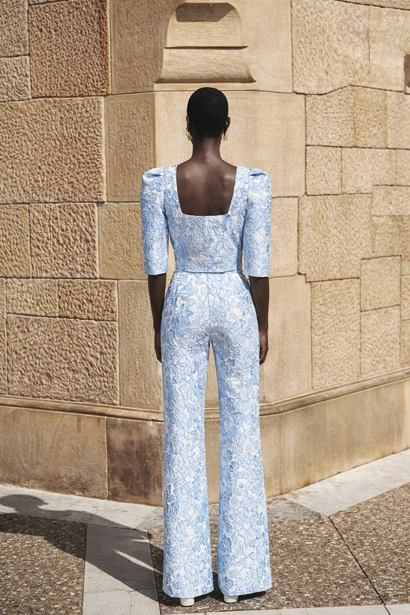 conjunto  de top y Pantalon palazzo de jacquard brocado azul claro, conjunto para invitada de boda de día, mamá de bautizo y comunión, 