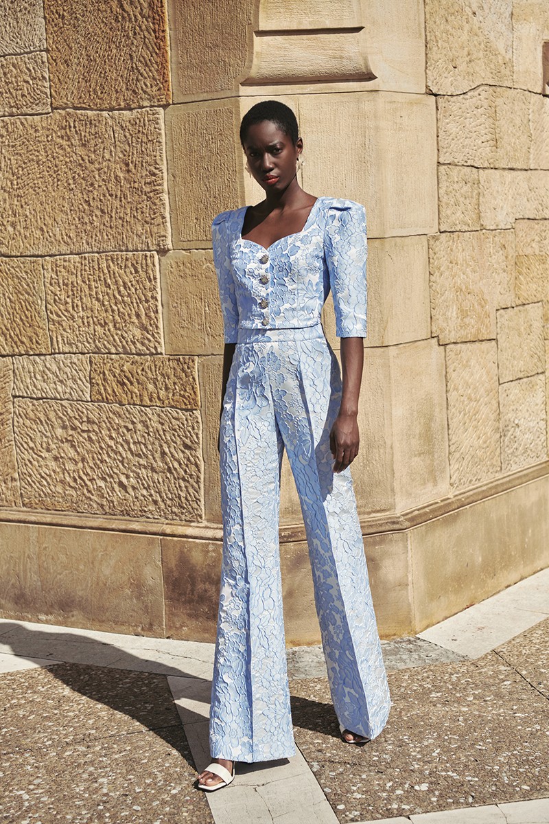Comprar online conjunto Pantalon palazzo de jacquard brocado azul claro, conjunto para invitada de boda de día, mamá de bautizo y comunión,