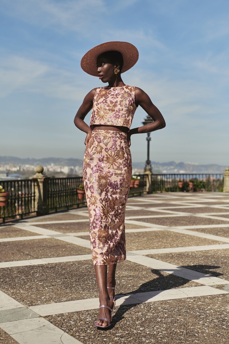 conjunto con gasa lentejuelas cruzadocomprar top con gasa lentejuelas en tonos melocoton, dorado y morado, con espalda cruzada para invitadas a boda de dia, noche, bautizo, comunion, graduacion, navidad, shoponline, apparentia, confirmacion, boda en