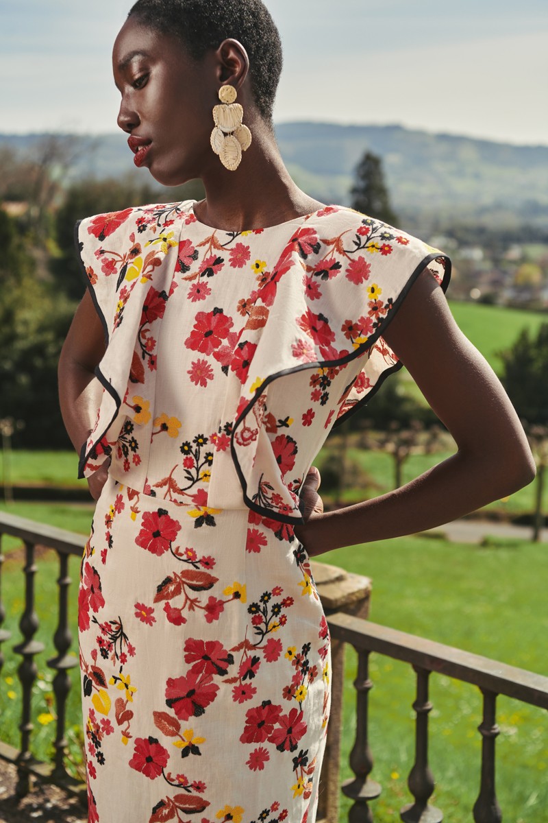 vestido volantes y falda recta midi en tejido de lino bordado de flores para invitada de verano fiesta, boda, evento, mamá de comunion comprar online