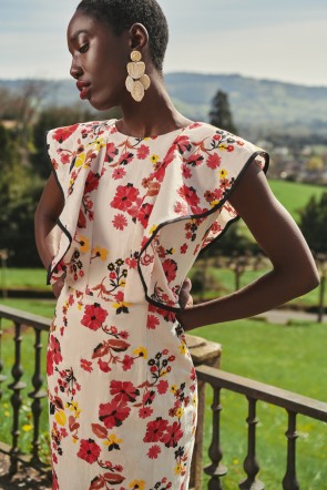 vestido volantes y falda recta midi en tejido de lino bordado de flores para invitada de verano fiesta, boda, evento, mamá de comunion comprar online