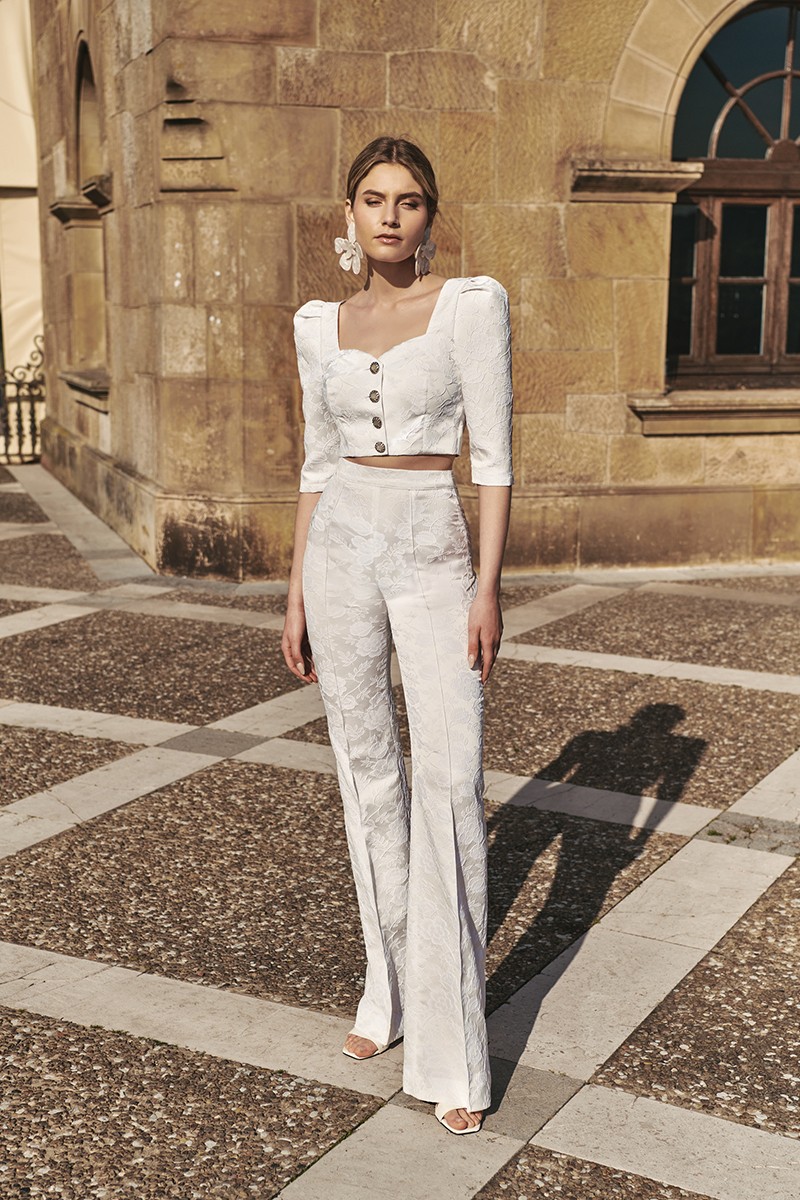 conjunto de top y Pantalon  brocado blanco, para novia civil, boda, mama de comunion, bautizo, shop online, compra online