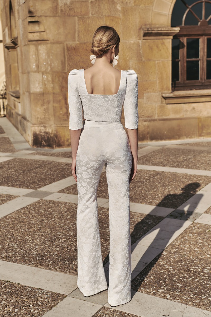 conjunto de Pantalon palazzo brocado blanco y top, para novia civil, boda, mama de comunion, bautizo, shop online, compra online