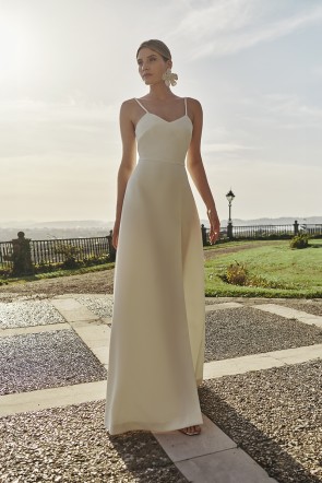 comprar vestido largo de fiesta lencero en crepe blanco con tirantes finos, escote en la espalda y abertura lateral en la falda para invitada fiesta, evento noche,novia segundo vestido