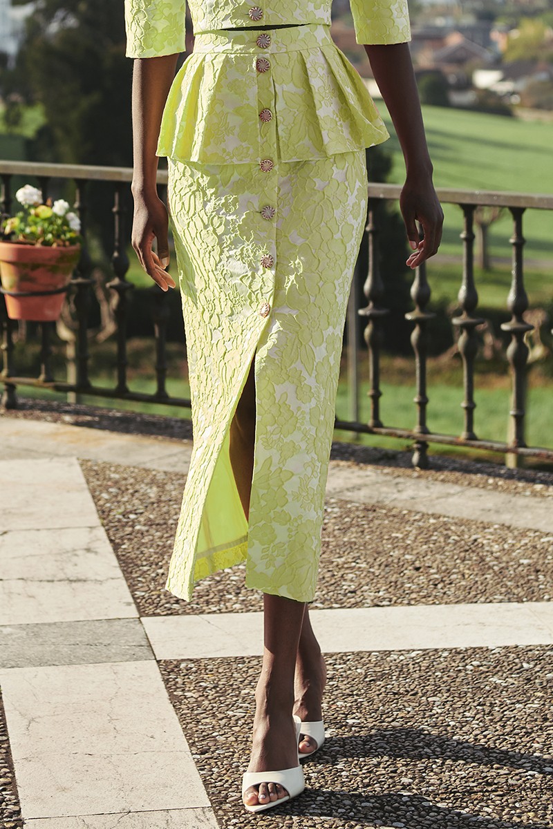 comprar Falda de fiesta en jacquard brocado lima con peplum para invitadas a boda de dia, bautizo, mamá de comunion, graduacion