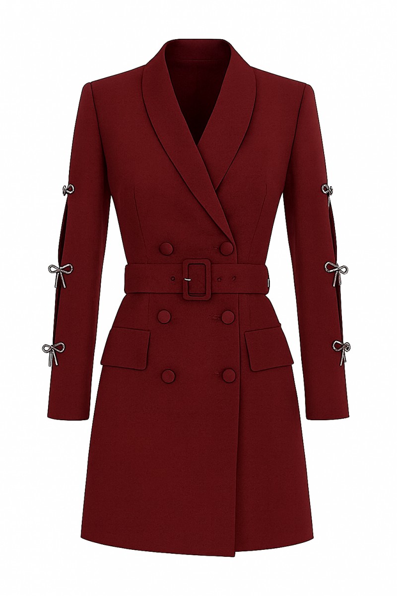 vestido esmoquin corto en crepe burdeos para invitadas, fiesta ,eventos, navidad, otoño-invierno