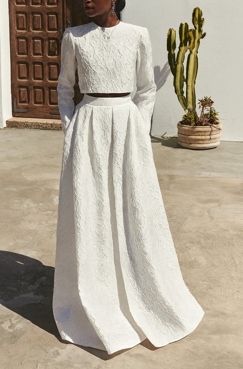 conjunto para novia civil de falda larga y top manga larga brocado para boda