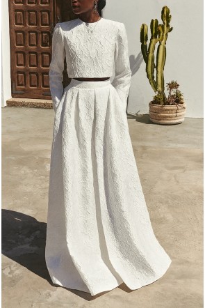 conjunto para novia civil de falda larga y top manga larga brocado para boda
