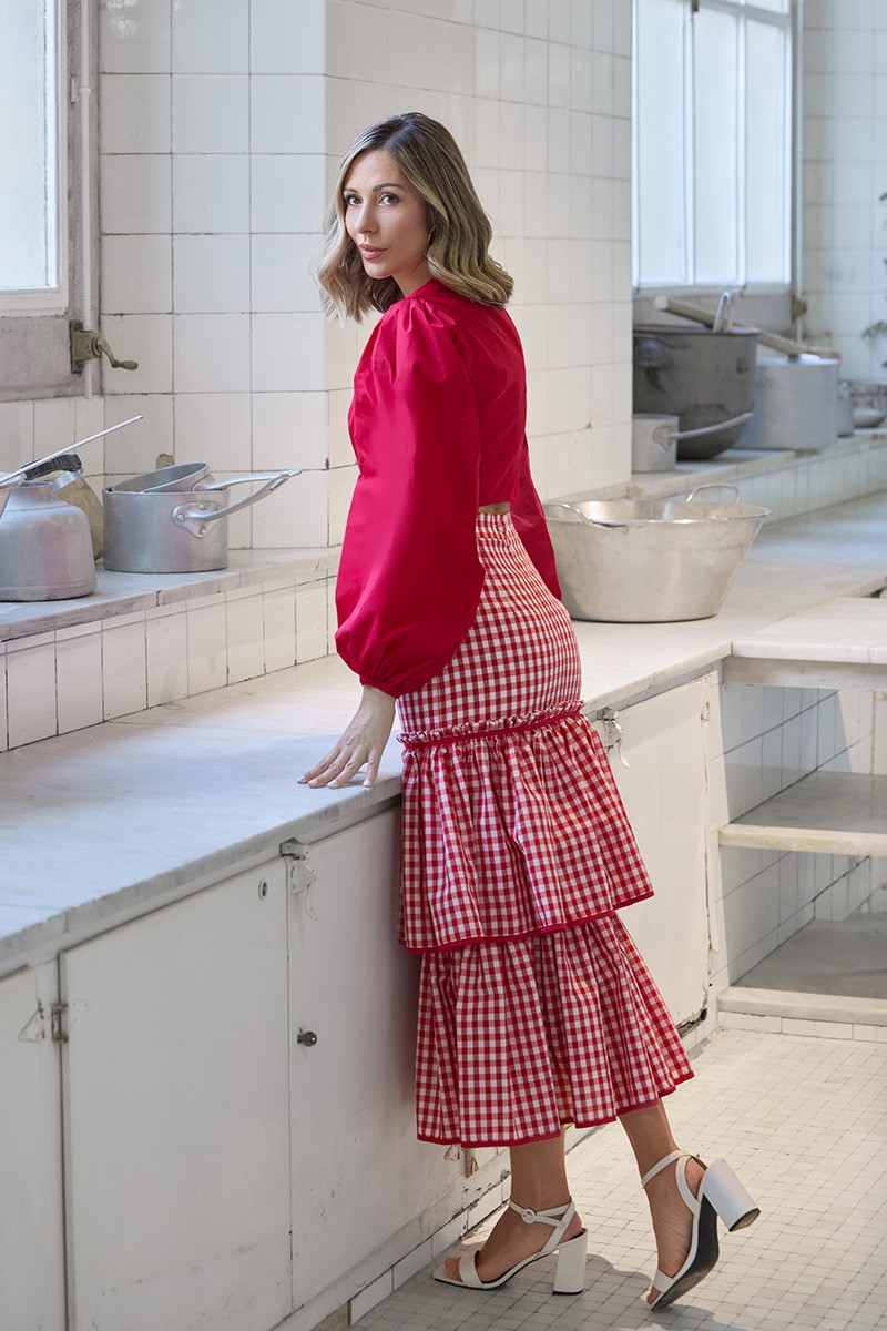 comprar Falda cuadro vichy volantes blanco y rojo para invitada a boda, comunion, fiesta, largo midi